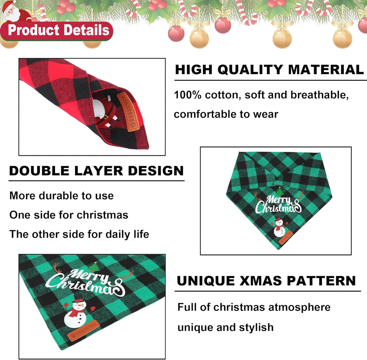 2 Pack Dog Bandana Christmas Classic Plaid Pet Scarf Triangle Bibs Kerchief Merry Christmas Santa Snowman Bandana for Medium Large Dogs Pets (Large) Make title more professional and balanced