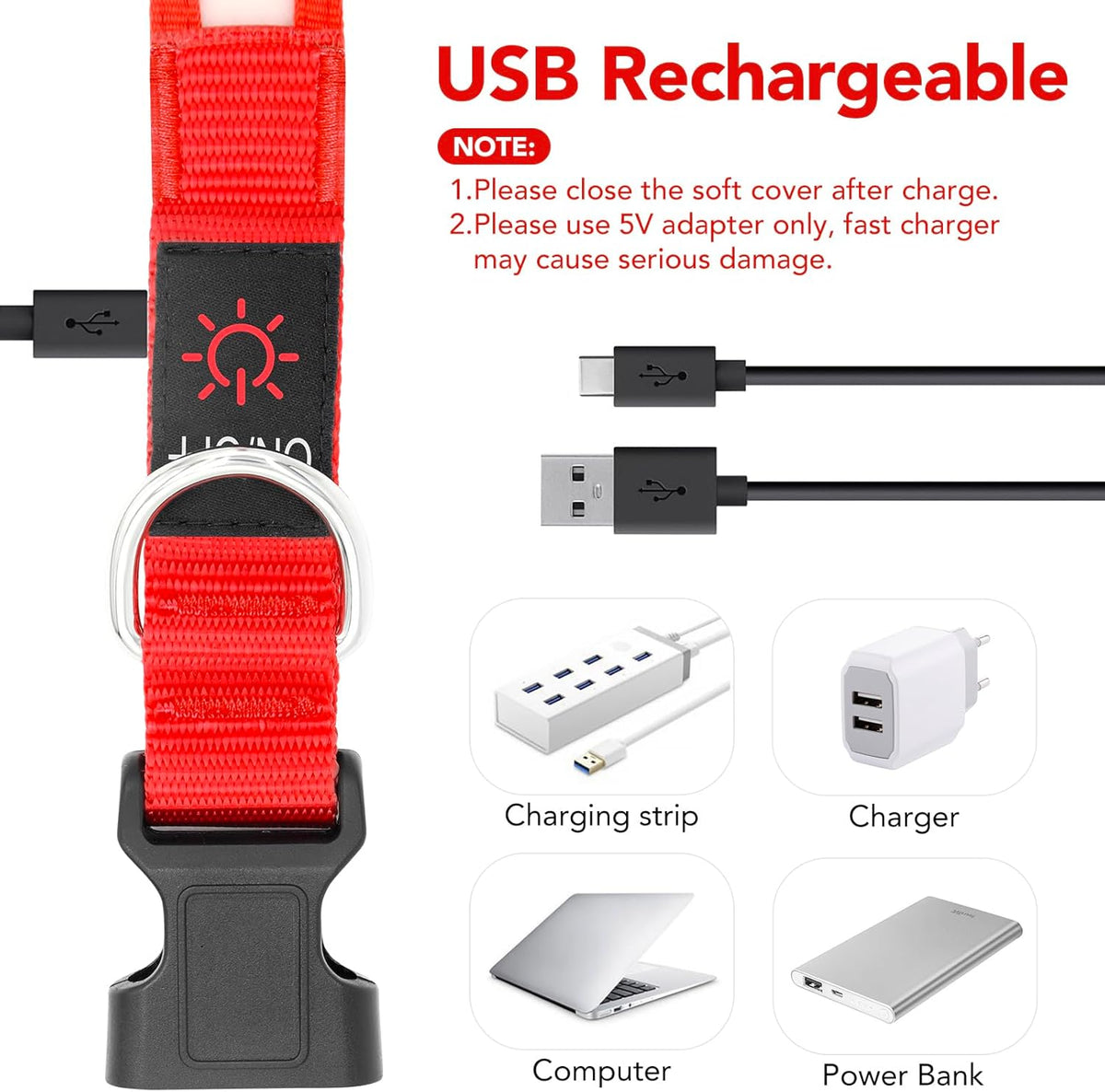 LED Dog Collar, Light up Dog Collar Adjustable USB Rechargeable Super Bright Safety Light Glowing Collars for Dogs(Medium,Red) Make title more professional and balanced