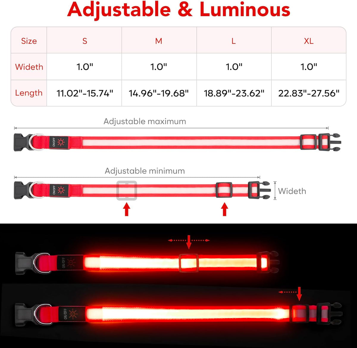 LED Dog Collar, Light up Dog Collar Adjustable USB Rechargeable Super Bright Safety Light Glowing Collars for Dogs(Medium,Red) Make title more professional and balanced
