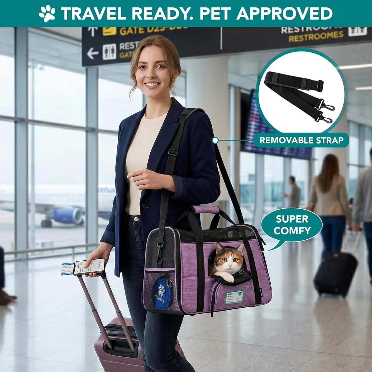 Airline-Approved Pet Carrier for Cats and Small Dogs in Large Heather Purple